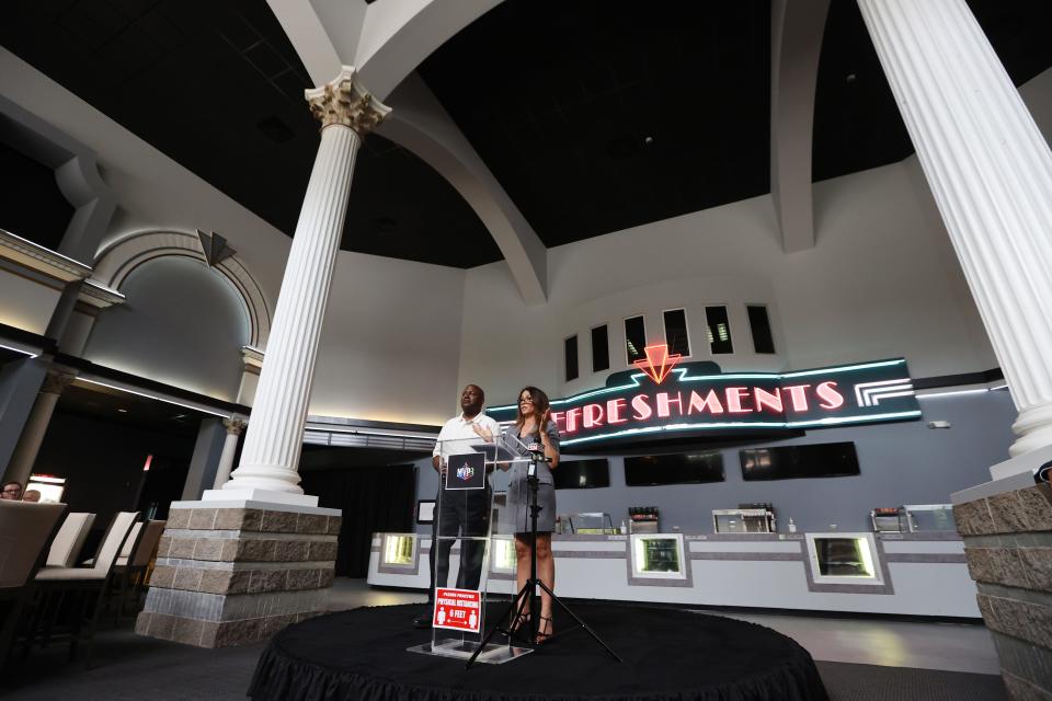 Marie Pizano and Darnell Stitts, the co-founders of MVP3 entertainment, speak during the ceremony for the first phase of what they say will be an "entertainment Mecca" set to eventually include a movie theater, restaurants, a film studio, multiple movie sets and soundstages, a recording studio, a sports complex and a hotel.