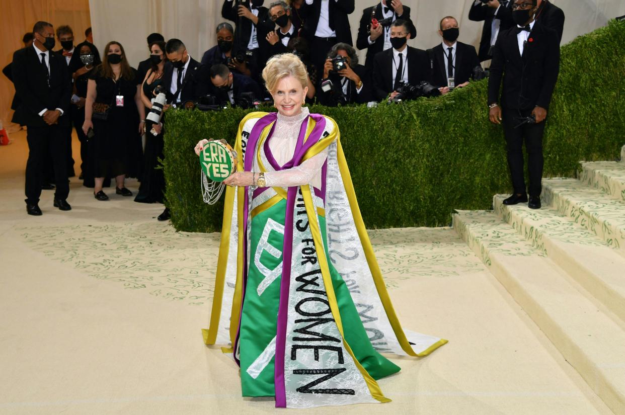 Congresswoman Carolyn B. Maloney arrives for the 2021 Met Gala at the Metropolitan Museum of Art on September 13, 2021 in New York. - This year's Met Gala has a distinctively youthful imprint, hosted by singer Billie Eilish, actor Timothee Chalamet, poet Amanda Gorman and tennis star Naomi Osaka, none of them older than 25. The 2021 theme is 