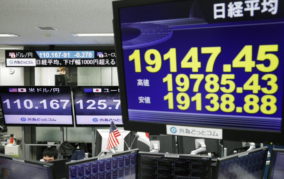 CORRECTS DATE - Monitors show Nikkei stock index, right, and the exchange rate between Japan's yen and U.S. dollar, left, at a foreign exchange trader's company in Tokyo, Tuesday, Dec. 25, 2018. Japan’s main stock index has plunged following heavy Wall Street losses triggered by President Donald Trump’s Christmas Eve criticism of the Federal Reserve. (Suo Takekuma/Kyodo News via AP)