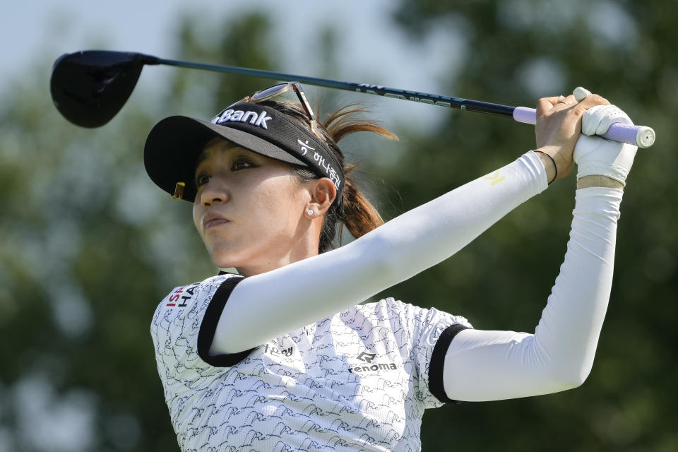 Lydia Ko, of New Zealand, hits off the 18th tee during the first round of the Mizuho Americas Open golf tournament, Thursday, June 1, 2023, at Liberty National Golf Course in Jersey City, N.J. (AP Photo/John Minchillo)