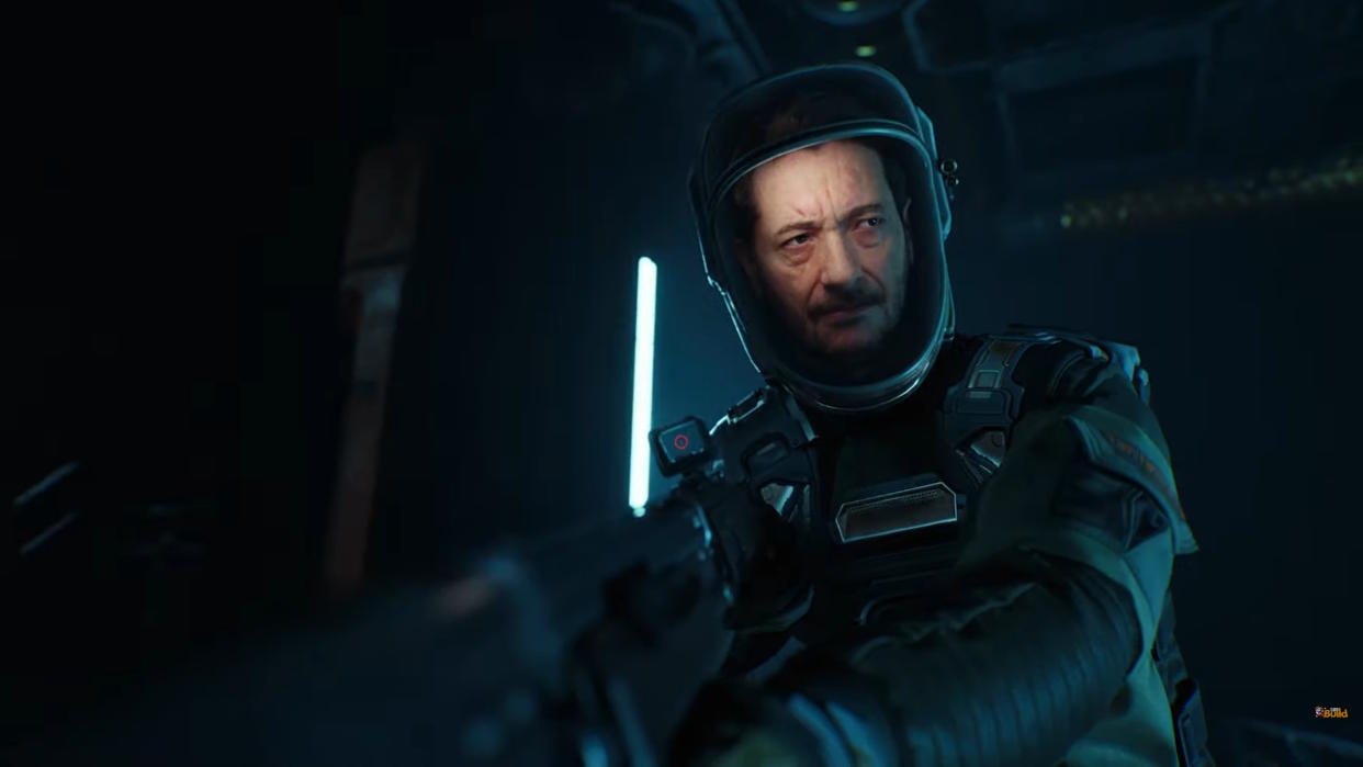  Level Zero: Extraction trailer still - guy in a spacesuit holding a rifle. 