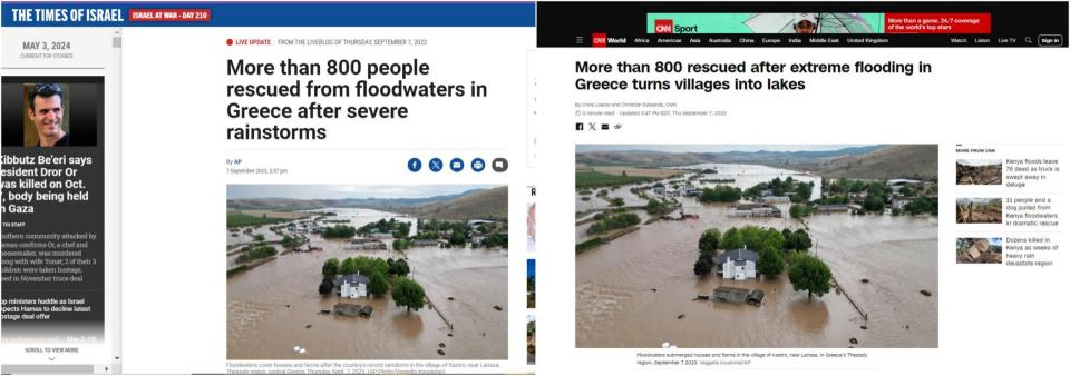 <span>A screenshot of The Times of Israel (left) and CNN reports about flood in Greece, taken on May 3, 2024</span>