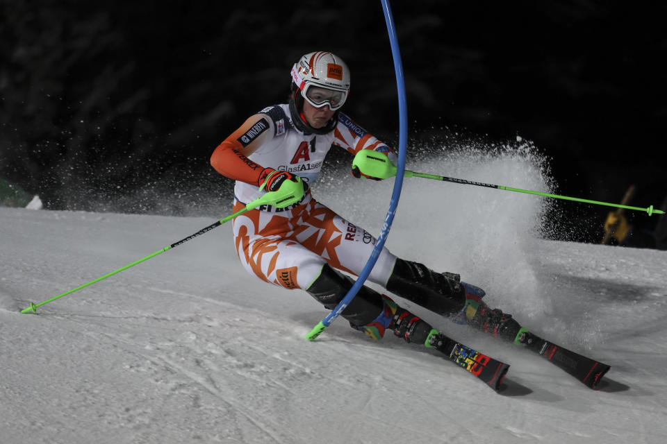 Slovakia's Petra Vlhova speeds down the course during an alpine ski, women's World Cup slalom in Flachau, Austria, Tuesday, Jan.10, 2023. (AP Photo/Marco Trovati)