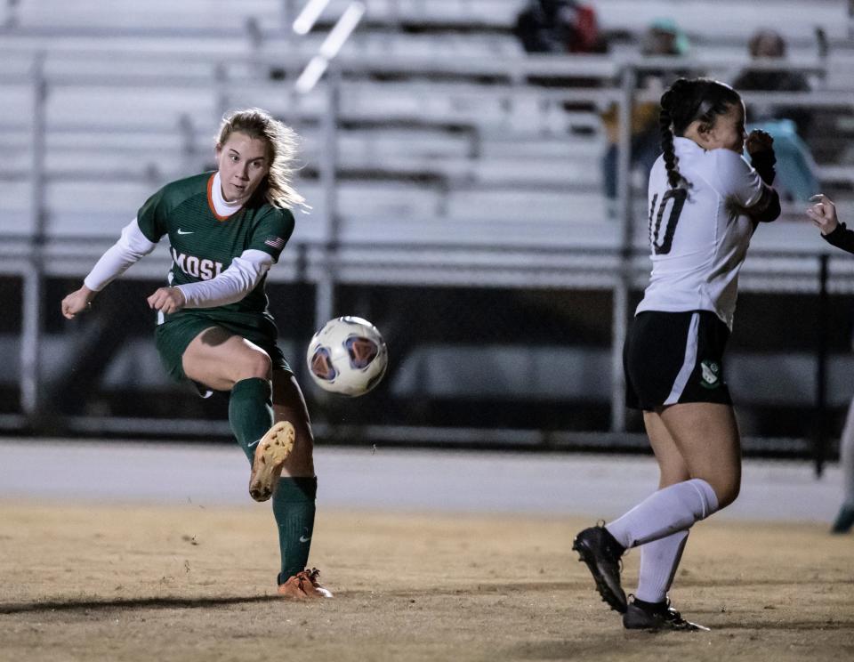 Mosley senior Alaina Jenks powers a shot towards the goal. Mosley and Choctaw faced off in the District 2-5A tournament semifinals Wednesday, January 26, 2022 at Gavlak Stadium.