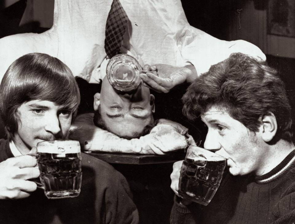 Guinness Book of Records title holder from drinking pints quickly Chris Southcombe can even drink pints standing upside down. He can drink two pints in 45 seconds standing on his head, March 1971.
