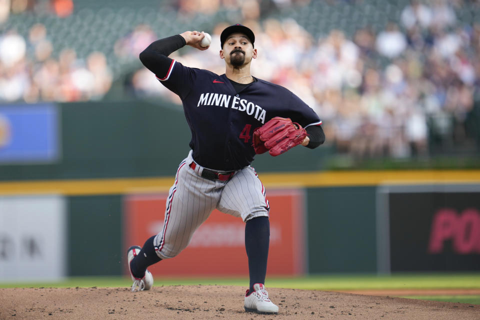 Minnesota Twins pitcher Pablo Lopez throws against the Detroit Tigers in the first inning of a baseball game, Saturday, June 24, 2023, in Detroit. (AP Photo/Paul Sancya)