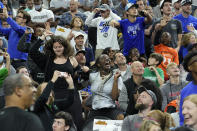 Fans cheer the Duke practice for the men's Final Four NCAA college basketball tournament, Friday, April 1, 2022, in New Orleans. (AP Photo/Gerald Herbert)