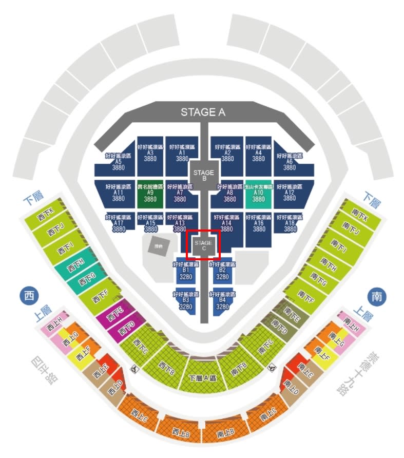 台中場次開賣時，座位圖上可見小舞台應坐落在搖滾區A13及A14、B1及B2中間。（圖／翻攝自FB）