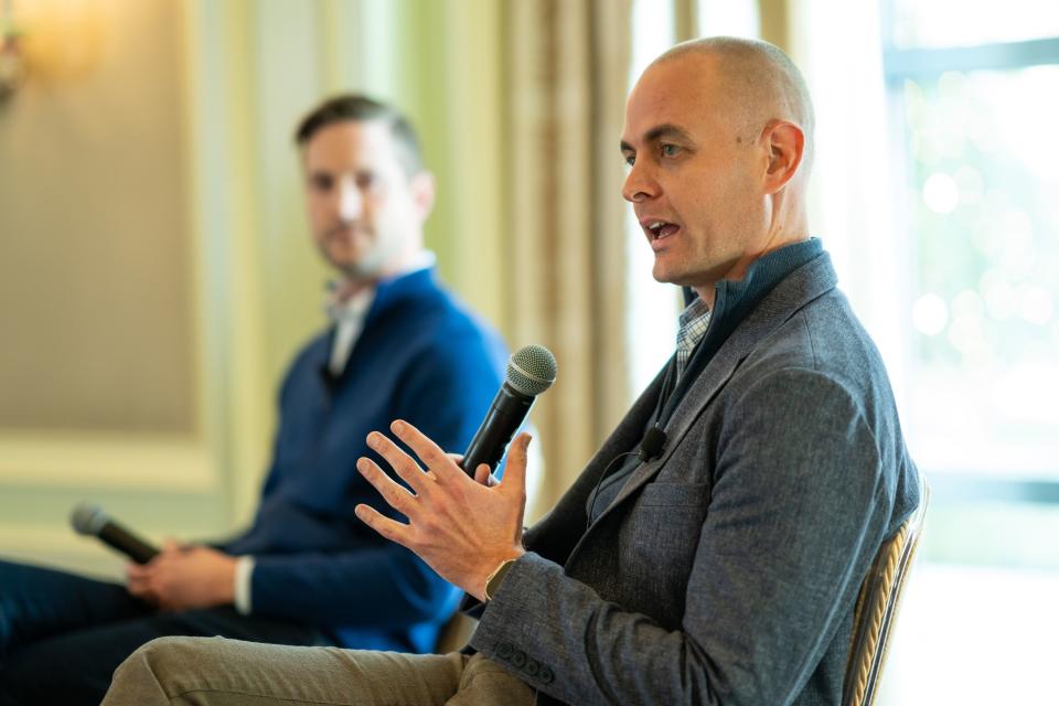 Eric Levesque, left, co-founder and COO of Strider Technologies, and Miles Hansen, president and board director of The Stirling Foundation, have a discussion on geopolitical risk during Utah Business Forward at The Grand America Hotel in Salt Lake City on Thursday, Nov. 16, 2023. | Spenser Heaps, Deseret News