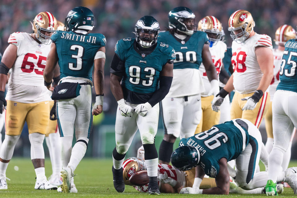 Dec 3, 2023; Philadelphia, Pennsylvania, USA; Philadelphia Eagles defensive tackle Milton Williams (93) reacts after a defensive stop during the second quarter against the San Francisco 49ers at Lincoln Financial Field. Mandatory Credit: Bill Streicher-USA TODAY Sports