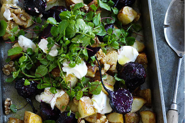 Roast potato salad with baby beetroot and walnuts