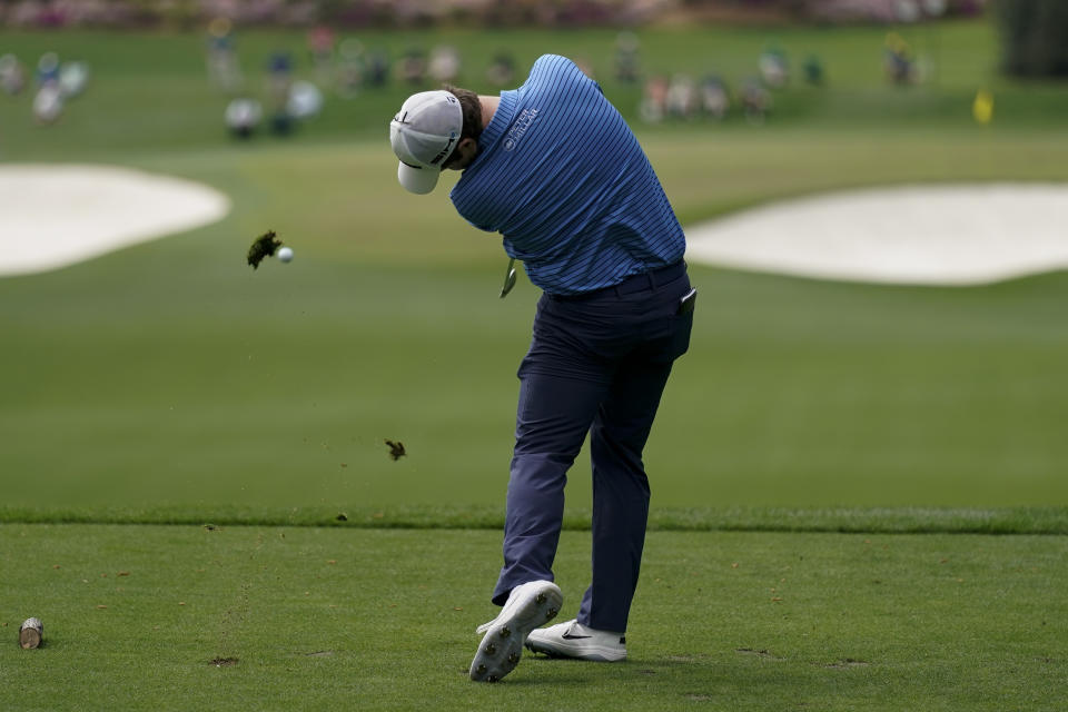 Robert MacIntyre, of Scotland, tees off on the fourth hole during the final round of the Masters golf tournament on Sunday, April 11, 2021, in Augusta, Ga. (AP Photo/Charlie Riedel)