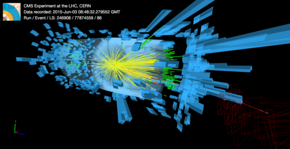 One of the first recorded particle collisions at an energy of 13 trillion electron volts, (tera-electronvolts or TeV), recorded by the CMS experiment on the LHC.