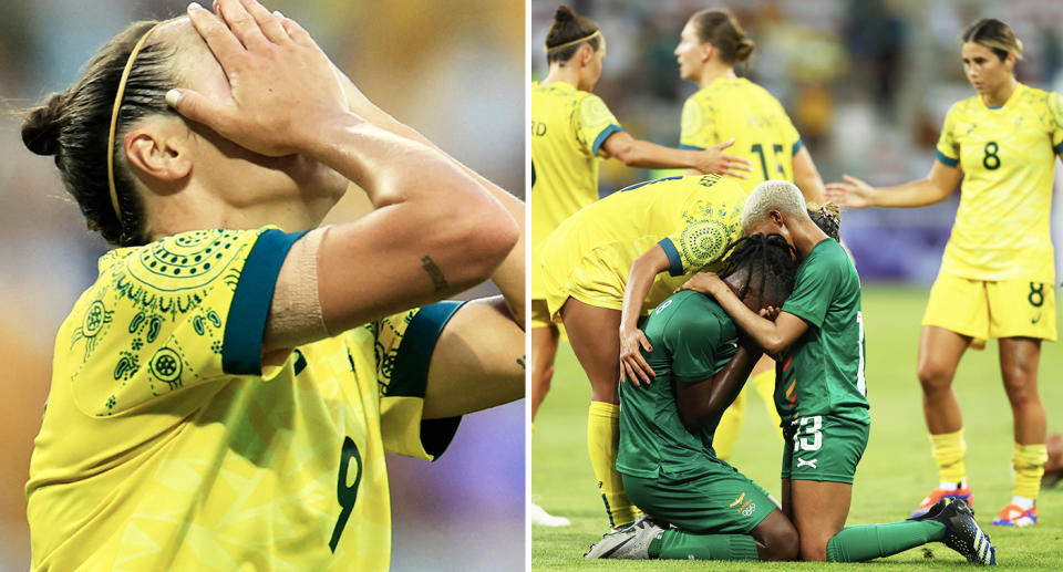 Zambian and Matildas players after their clash at the Olympics.