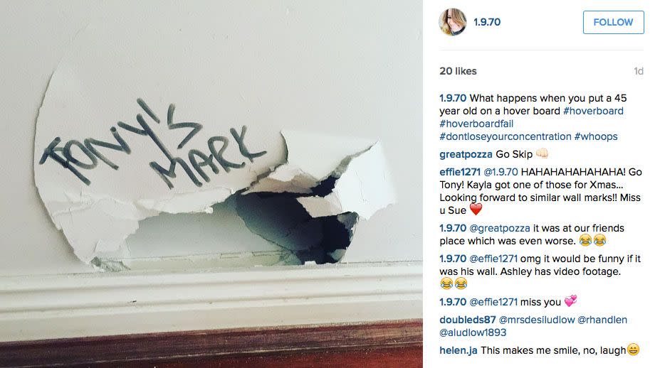 Tony certainly left his mark on this wall after an encounter with a hoverboard. Photo: Instagram