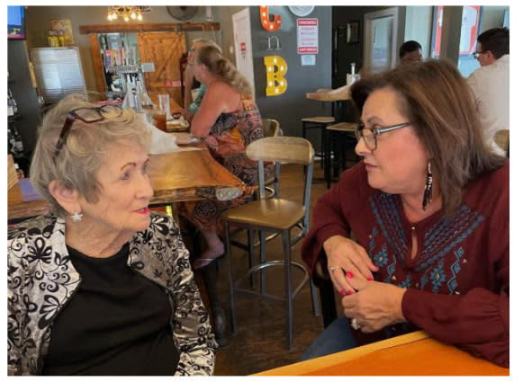 Nancy McLarry, left, visits with Chickasaw Nation legislator Connie Barker at a recent South Texas Chickasaw Community Council gathering. (Photo/Chickasaw Nation Media)