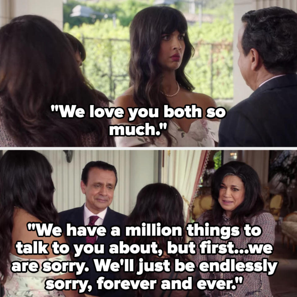 Tahani and Kamilah&#39;s parents hug their daughters and say &quot;we love you both so much. we have a million things to talk to you about, but first...we are sorry. We&#39;ll just be endlessly sorry, forever and ever&quot;