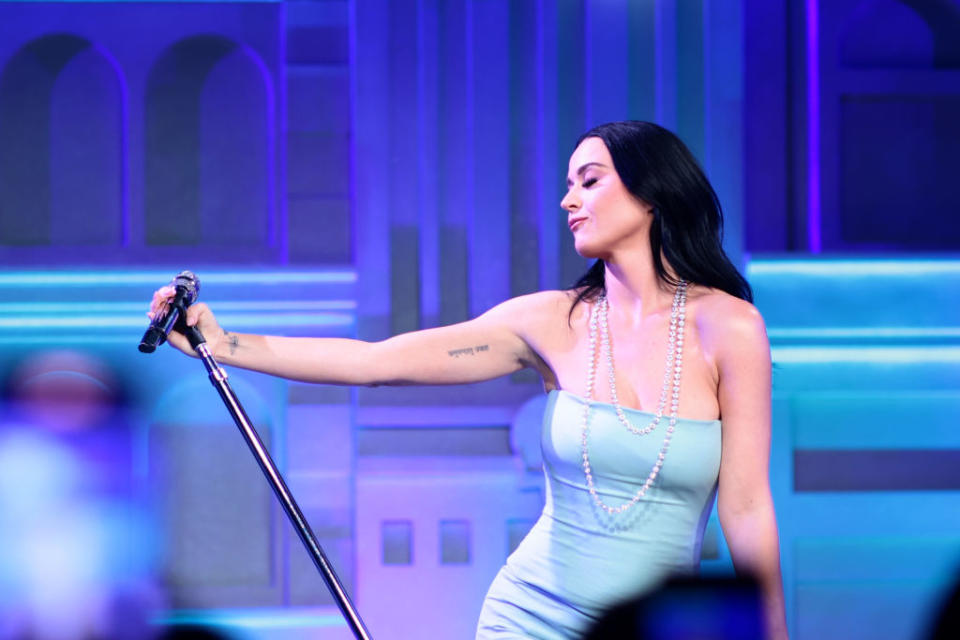 NEW YORK, NEW YORK - APRIL 27: Katy Perry performs on stage as Tiffany & Co. Celebrates the reopening of NYC Flagship store, The Landmark on April 27, 2023 in New York City. (Photo by Dimitrios Kambouris/Getty Images for Tiffany & Co.)
