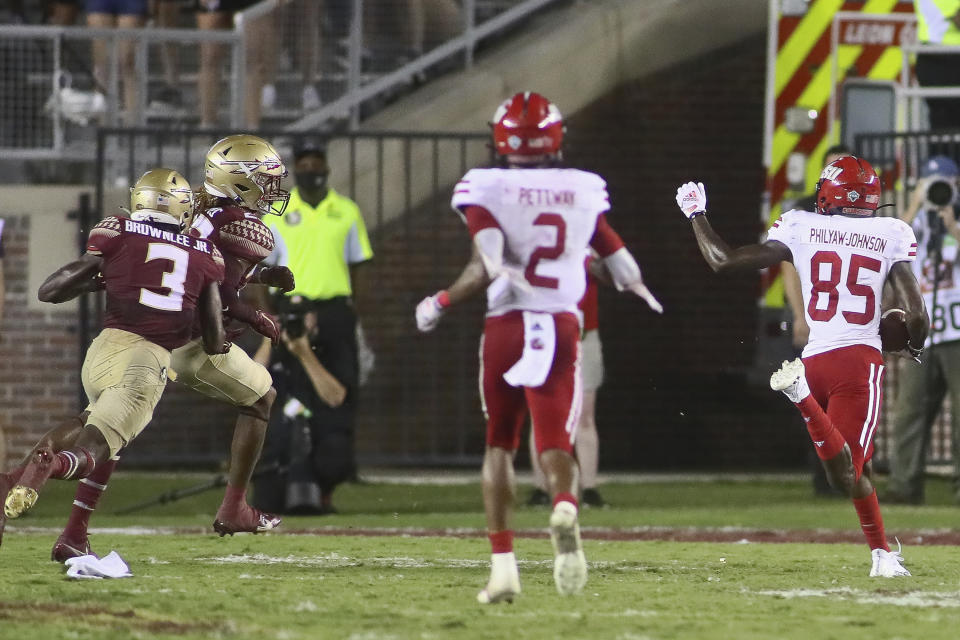 Jacksonville State's Damond Philyaw-Johnson (85) heads for the end zone after catching a pass for the winning touchdown at the end of the fourth quarter in the team's NCAA college football game against Florida State on Saturday, Sept. 11, 2021, in Tallahassee, Fla. Jacksonville State won 20-17. (AP Photo/Phil Sears)