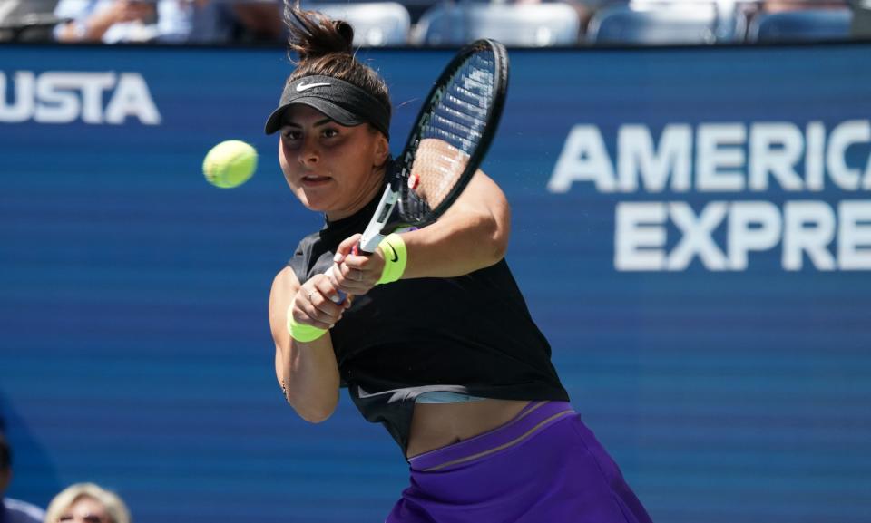 Bianca Andreescu from Canada plays against Caroline Wozniacki fromDenmark during their Round Three Women's Singles match at the 2019 US Open at the USTA Billie Jean King National Tennis Center in New York on August 31, 2019. (Photo by TIMOTHY A. CLARY / AFP)        (Photo credit should read TIMOTHY A. CLARY/AFP/Getty Images)