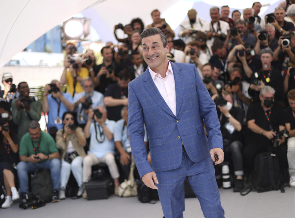 FILE - Jon Hamm poses for photographers at the photo call for the film 'Top Gun: Maverick' at the 75th international film festival, Cannes, southern France, Wednesday, May 18, 2022. Star power has been out in force at the 75th Cannes Film Festival. After a 2021 edition muted by the pandemic, this year's French Riviera spectacular has again seen throngs of onlookers screaming out "Tom!" "Julia!" and "Viola!" The wattage on display on Cannes' red carpet has been brighter this year thanks the presence of stars like Tom Cruise, Julia Roberts, Viola Davis, Anne Hathaway, Idris Elba and others. But as the first half of the French Riviera spectacular has shown, stardom in Cannes is global. Just as much as cameras have focused on Hollywood stars, they've been trained on the likes of India's Aishwarya Rai and South Korea's Lee Jung-jae. (Photo by Vianney Le Caer/Invision/AP, File)
