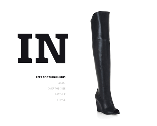 In: Peep-Toe Thigh High boots.  