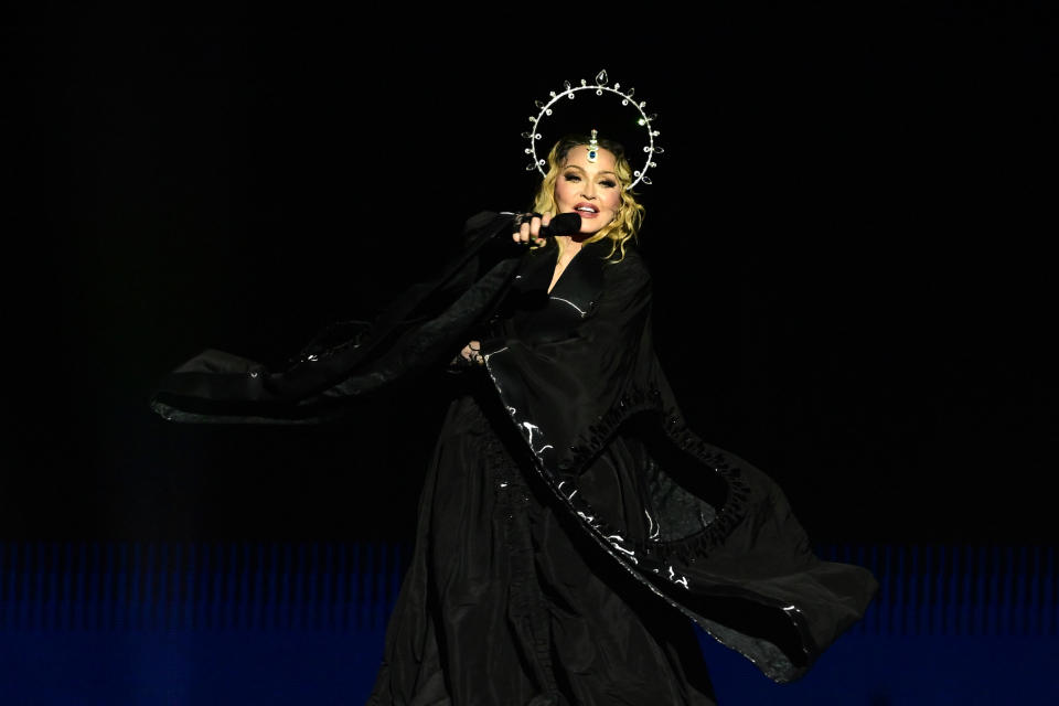 TOPSHOT - US pop star Madonna performs onstage during a free concert at Copacabana beach in Rio de Janeiro, Brazil, on May 4, 2024. . Madonna ended her "The Celebration Tour" with a performance attended by some 1.5 million enthusiastic fans. (Photo by Pablo PORCIUNCULA / AFP) (Photo by PABLO PORCIUNCULA/AFP via Getty Images)
