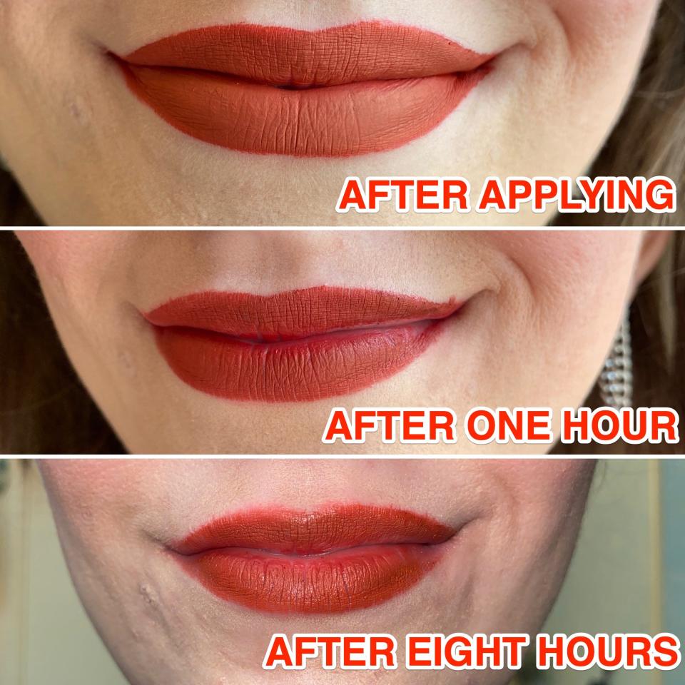 Three photos of lips that show how the new Kylie Cosmetics lipsticks hold up after eight hours of wear.