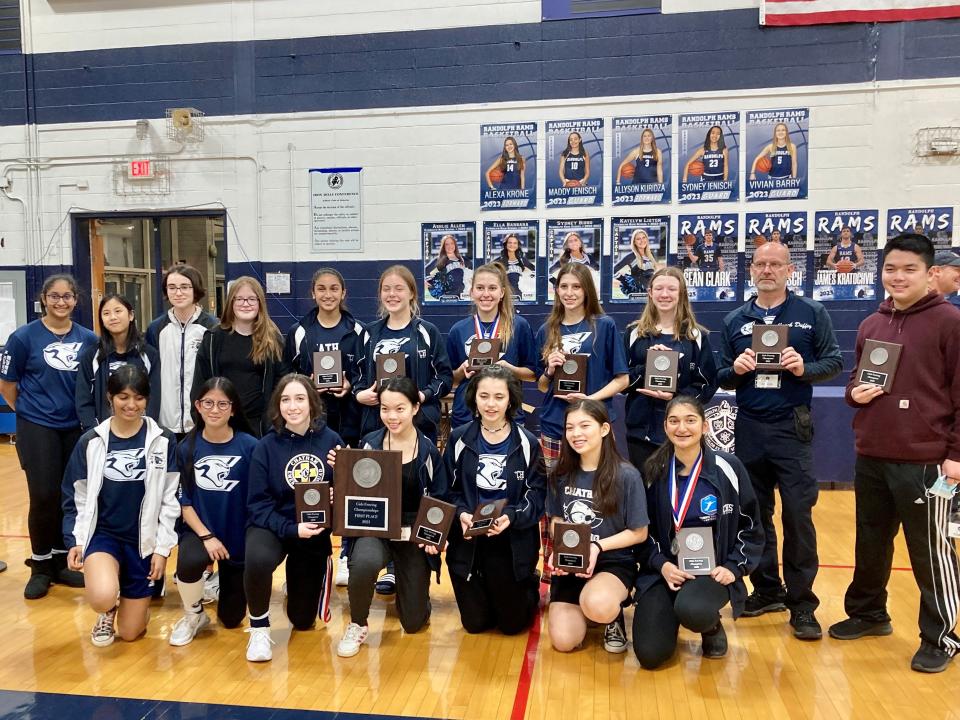 Chatham celebrates its Morris County Tournament girls team fencing title on Jan. 14, 2023.