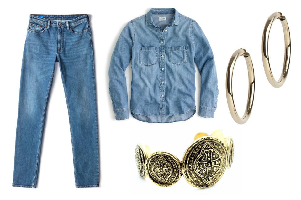 <p>Gold accessories (and a red lip!) will keep a simple denim-on-denim look from coming off boring.</p> <p><em>Acne Studios Jeans, $300. <a rel="nofollow noopener" href="http://www.acnestudios.com/us/en/south-mid-blue/30L173-166.html" target="_blank" data-ylk="slk:Acnestudios.com;elm:context_link;itc:0;sec:content-canvas" class="link ">Acnestudios.com</a>. J. Crew Shirt, $78. <a rel="nofollow noopener" href="https://www.jcrew.com/p/womens_category/shirtsandtops/casualshirts/everyday-chambray-shirt/G7529" target="_blank" data-ylk="slk:Jcrew.com;elm:context_link;itc:0;sec:content-canvas" class="link ">Jcrew.com</a>. Jennifer Fisher Hoops, $550. <a rel="nofollow noopener" href="https://jenniferfisherjewelry.com/samira-hoops?utm_source=google_shopping&m=configurable&gclid=CjwKCAjwk4vMBRAgEiwA4ftLs3Mgi18k5wa9I6D5P12PgjOQkVfODoPOaEcqe0c8DmGfIDnYAF_yKRoCW_wQAvD_BwE" target="_blank" data-ylk="slk:Jenniferfisherjewelry.com;elm:context_link;itc:0;sec:content-canvas" class="link ">Jenniferfisherjewelry.com</a>. Child of Wild Cuff, $227. <a rel="nofollow noopener" href="https://www.childofwild.com/collections/arm/products/sevilla-del-oro-cuff" target="_blank" data-ylk="slk:Childofwild.com;elm:context_link;itc:0;sec:content-canvas" class="link ">Childofwild.com</a>.</em></p>