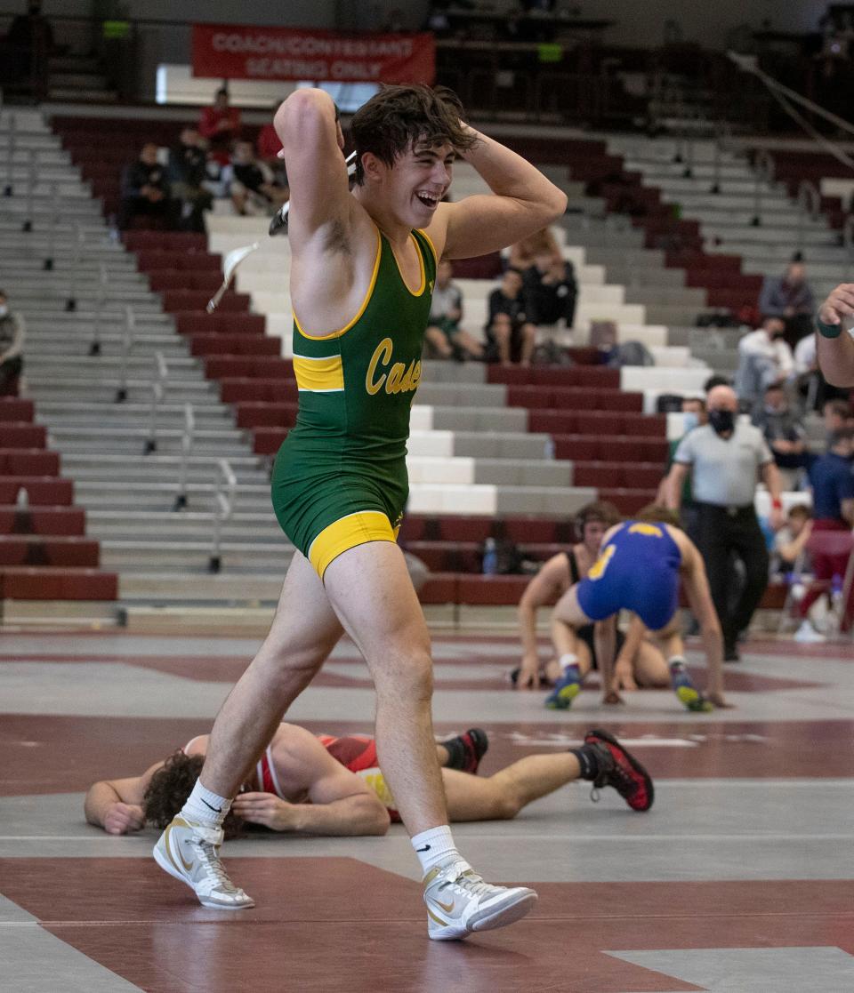 Red Bank Catholic's Sabino Portella (left), shown celebrating after he defeated Bergen Catholic's Justin Onello 5-1 in tiebreaker period No.; 1 in a NJSIAA 170-pound semifinal last April 25 at Phillipsburg High School, will compete at 175 pounds this season.