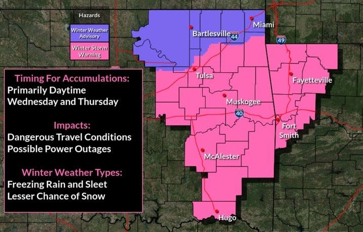 The National Weather Service issued a winter storm warning for eastern Oklahoma and western Arkansas for Wednesday, Feb. 23 and Thursday, Feb. 24.