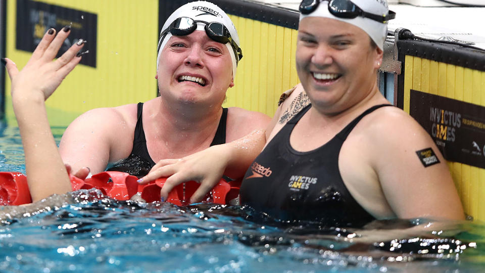 Sarah Robinson bursts into tears over Poppy Pawsey’s gesture. (Photo by Ryan Pierse/Getty Images for the Invictus Games Foundation)