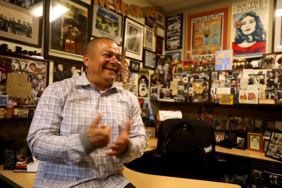 Hector Verdugo smiles as he shares stories about Father Greg Boyle.