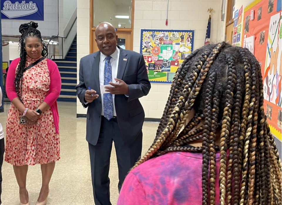 Brian McDonald speaks with students and staff at Yorktown Middle School as part of the Columbus City Schools "Day in the District" with the three finalists for superintendent position.