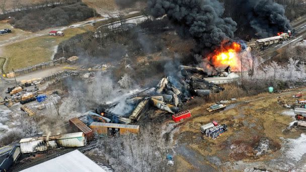 PHOTO: Firefighters battle a blaze from a train derailment in East Palestine, Ohio, on Feb. 4, 2023. (Gene J. Puskar/AP)