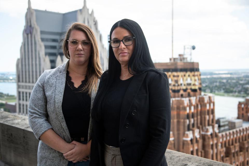 Corrections Officer Kristy Klenke with her attorney Hannah Fielstra at Ernst Law Firm in Detroit on Friday, Sept. 15, 2023.