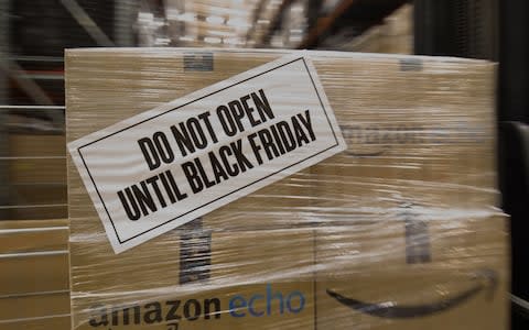 Do not open until Black Friday sign on Amazon boxes - Credit: Aaron Chown/PA