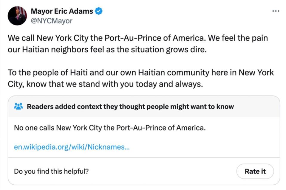 The mayor’s tweet was flagged by X’s Community Notes. Mayor Eric Adams/X