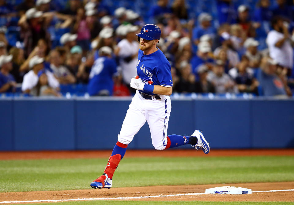 TORONTO, ON - AUGUST 30:  Derek Fisher #20 of the Toronto Blue Jays runs the bases after hitting a home run in the eighth inning during a MLB game against the Houston Astros at Rogers Centre on August 30, 2019 in Toronto, Canada.  (Photo by Vaughn Ridley/Getty Images)