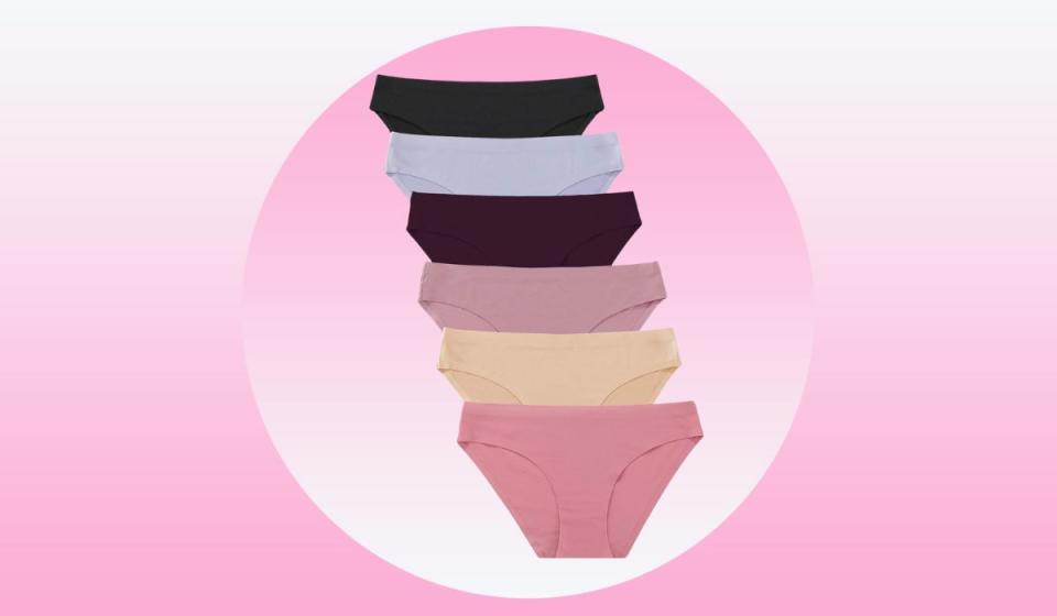 Six pairs of underwear in various colors like pink, beige and burgundy