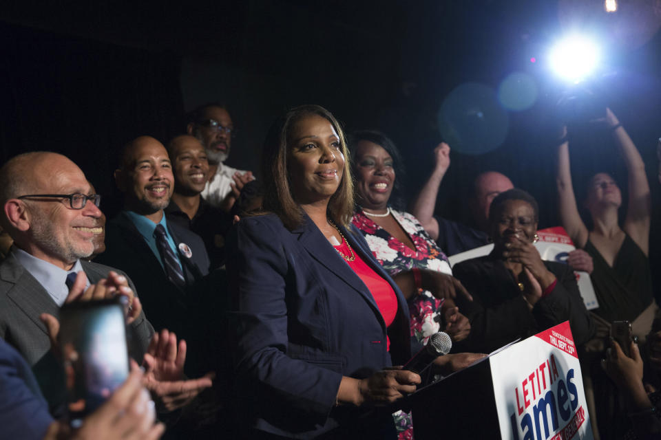 Letitia James delivers a victory speech after winning the primary election for attorney general Thursday, Sept. 13, 2018, in New York. James would become the first black woman to hold statewide elected office in New York if she prevails in the general election. (AP Photo/Kevin Hagen)