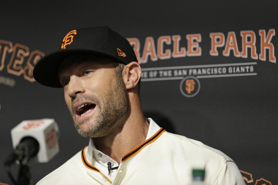 San Francisco Giants manager Gabe Kapler answers questions during a news conference at Oracle Park Wednesday, Nov. 13, 2019, in San Francisco. Gabe Kapler has been hired as manager of the San Francisco Giants, a month after being fired from the same job by the Philadelphia Phillies. Kapler replaces Bruce Bochy, who retired at the end of the season following 13 years and three championships with San Francisco. (AP Photo/Eric Risberg)