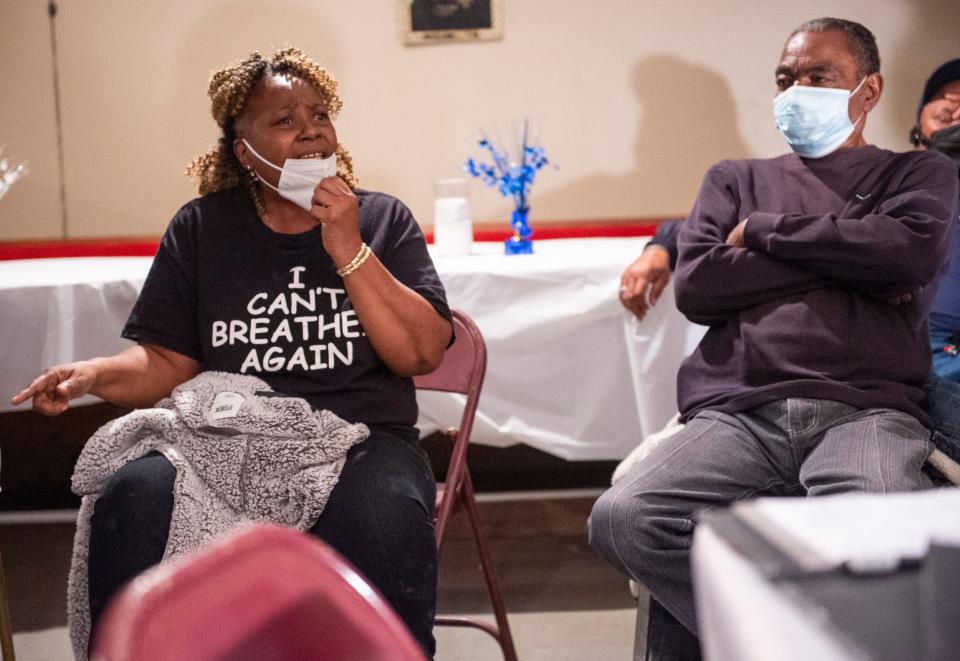 Uniontown resident Esther Calhoun speaks at a community meeting in Uniontown, Ala., on Thursday, Feb. 10, 2022.