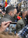 Extreme right wing VOX party leader Santiago Abascal takes part in a police protest in Madrid, Spain, Saturday, Nov. 27, 2021. Tens of thousands of Spanish police officers and their supporters rallied in Madrid on Saturday to protest against government plans to reform a controversial security law known by critics as the “gag law.” (AP Photo/Paul White)