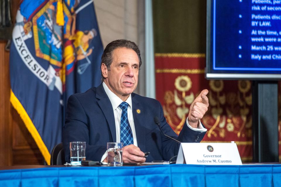 Gov. Andrew Cuomo holds a press briefing  on Feb. 15, 2021, as he explains how nursing home deaths were counted.