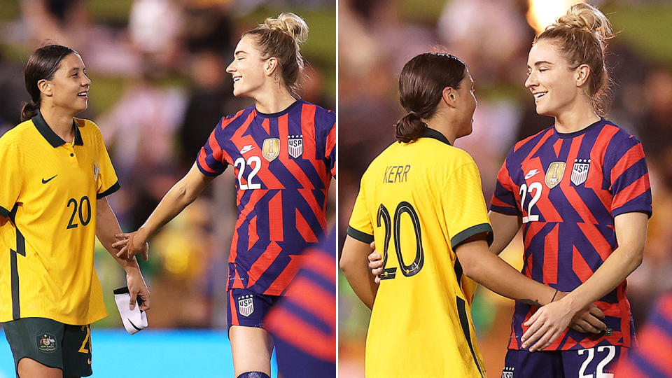 Pictured here, Sam Kerr and Kristie Mewis share in a lovely post-match embrace in Newcastle. 