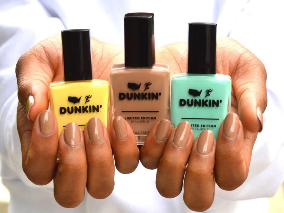 Banana Split, Butter Pecan, and Pistachio Almond Fudge nail polish. | Courtesy of Dunkin'.