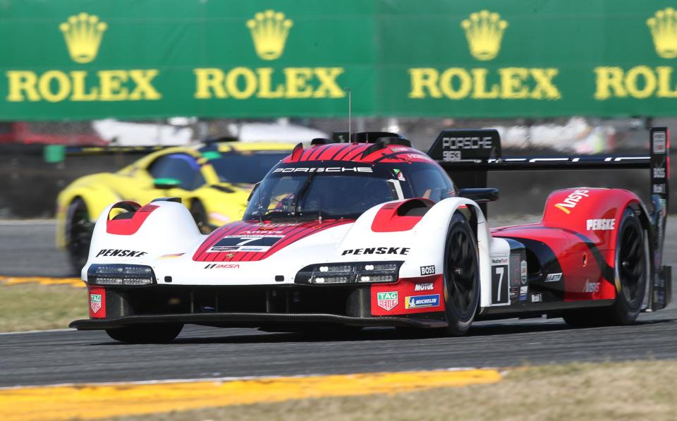 The No. 7, a Porsche 963 hybrid in the GTP class for the Rolex 24 at Daytona, practices on Friday, Jan. 27, 2023 at Daytona International Speedway.