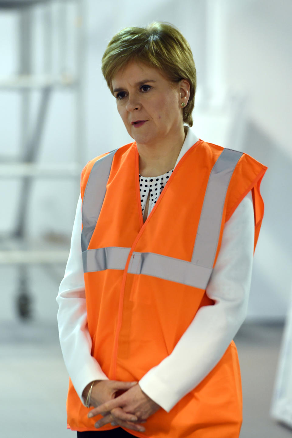 GLASGOW, SCOTLAND - APRIL 10: Scotland's First Minister Nicola Sturgeon tours the NHS Louisa Jordan field hospital, set up at the Scottish Events Campus (SEC) to potentially help with extra patients caused by the coronavirus COVID-19 pandemic on April 10, 2020 in Glasgow, Scotland. There have been over 60,000 reported cases of the COVID-19 coronavirus in the United Kingdom and 8,958 deaths. The country is in its third week of lockdown measures aimed at slowing the spread of the virus. (Photo by Andy Buchanan - WPA Pool / Getty Images)